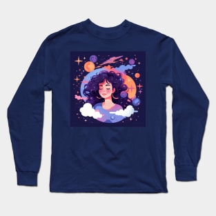 Woman with sweet dreams concept Young girl with galaxy and universe at hairs Long Sleeve T-Shirt